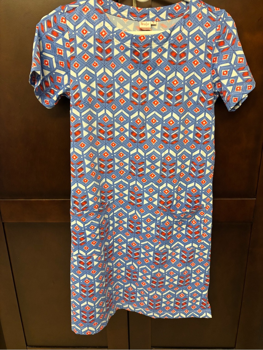 Persifor Carter Blue Geometric Shift Dress with Red Accents